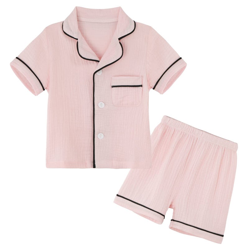JWWN Kids Short Sleeve Pajama Set 100% Cotton Button Down Sleepwear Big Girls Summer Soft Lounge Set (Pink,9Years) - Image 1